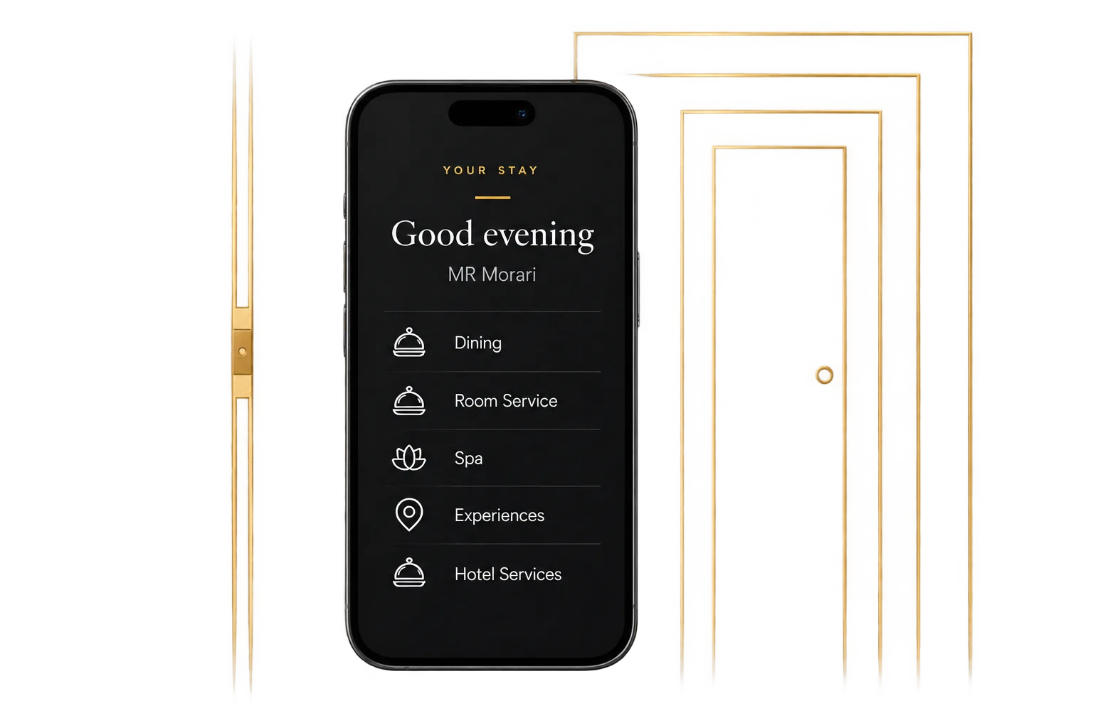 A hotel guest's phone showing the Pixoria in-room services menu